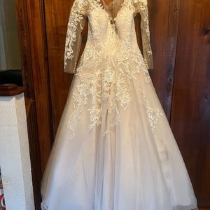 Illusion sleeve, A-line ball gown size 12 wedding dress